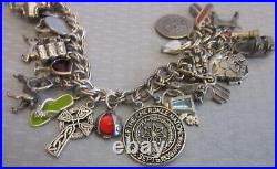 Estate 28P STERLING SILVER CHARM BRACELET full loaded figural enamel gemstone 8