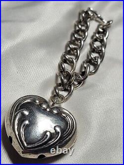 Fab Antique Large Heart Rattle Charm Chunky Links Sterling Silver Bracelet