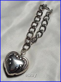 Fab Antique Large Heart Rattle Charm Chunky Links Sterling Silver Bracelet