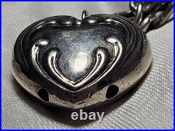 Fab Antique Large Heart Rattle Charm Chunky Links Sterling Silver Bracelet