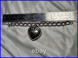 Fab Antique Large Heart Rattle Charm Chunky Links Sterling Silver Bracelet