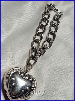 Fab Antique Large Heart Rattle Charm Chunky Links Sterling Silver Bracelet