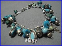 Fabulous Vintage Navajo Turquoise Sterling Silver Feather Charm Bracelet
