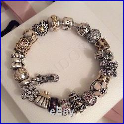 Full Pandora Bracelet 14ct Gold And Silver Charms + Diamonds etc, Moments In Box
