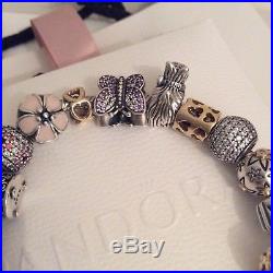 Full Pandora Bracelet 14ct Gold And Silver Charms + Diamonds etc, Moments In Box