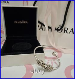 GENUINE PANDORA Open Bangle Bracelet & Charms -Sterling Silver Gold Opal Enamel