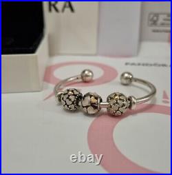 GENUINE PANDORA Open Bangle Bracelet & Charms -Sterling Silver Gold Opal Enamel