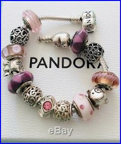 Genuine 925 Silver Pandora Bracelet With 14 Charms + Box 19 cm
