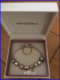 Genuine And Authentic Pandora Silver Bracelet With Gold Clasp And Charms