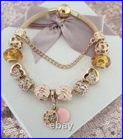 Genuine Gold Pandora Bracelet Bangle & Gold Charms + Pandora Box. 20 cms