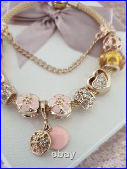 Genuine Gold Pandora Bracelet Bangle & Gold Charms + Pandora Box. 20 cms