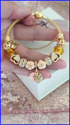 Genuine Gold Pandora Bracelet Bangle & Gold Charms + Pandora Box. 20 cms