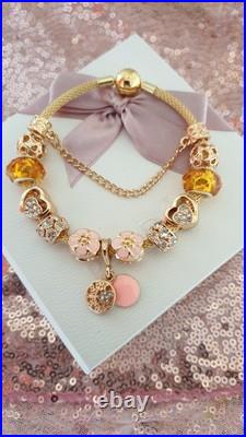 Genuine Gold Pandora Bracelet Bangle & Gold Charms + Pandora Box. 20 cms