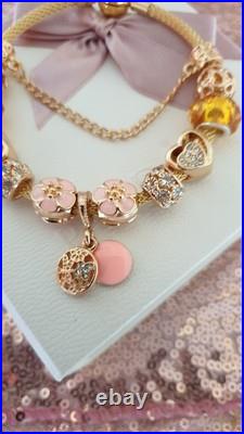 Genuine Gold Pandora Bracelet Bangle & Gold Charms + Pandora Box. 20 cms