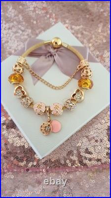 Genuine Gold Pandora Bracelet Bangle & Gold Charms + Pandora Box. 20 cms