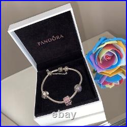 Genuine Hallmarked Pandora Bracelet With 3 Charms Safety Chain Gift Box & Bag
