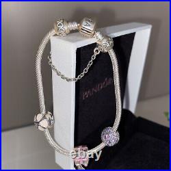 Genuine Hallmarked Pandora Bracelet With 3 Charms Safety Chain Gift Box & Bag