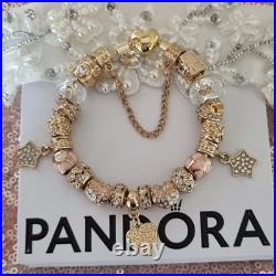 Genuine PANDORA Bracelet Gold Heart Clasp+ Gold Charms 19 cms NEW IN PANDORA BOX