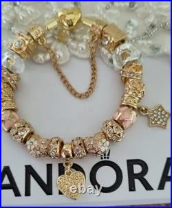 Genuine PANDORA Bracelet Gold Heart Clasp+ Gold Charms 19 cms NEW IN PANDORA BOX