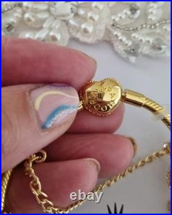 Genuine PANDORA Bracelet Gold Heart Clasp+ Gold Charms 19 cms NEW IN PANDORA BOX