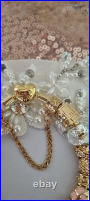 Genuine PANDORA Bracelet Gold Heart Clasp+ Gold Charms 19 cms NEW IN PANDORA BOX