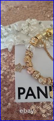 Genuine PANDORA Bracelet Gold Heart Clasp+ Gold Charms 19 cms NEW IN PANDORA BOX