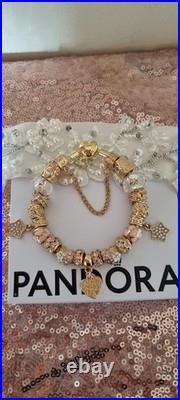 Genuine PANDORA Bracelet Gold Heart Clasp+ Gold Charms 19 cms NEW IN PANDORA BOX