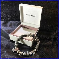 Genuine PANDORA Charm Bracelet Sterling Silver 23cm with 24 Charms Some Retired