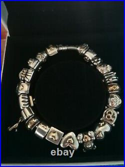 Genuine Pandora 14ct Gold Clasp Silver Charm Bracelet 18 Charms. Rare/retired