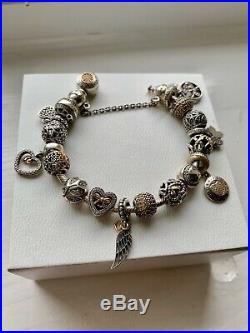 Genuine Pandora 14ct Gold Two Tone Bracelet 18cm With Safety Chain And 17 Charms
