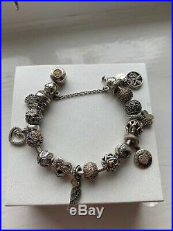 Genuine Pandora 14ct Gold Two Tone Bracelet 18cm With Safety Chain And 17 Charms
