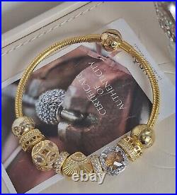 Genuine Pandora 14k Gold Snake Chain Bracelet 18cm Includes 9 Charms S925 Ale