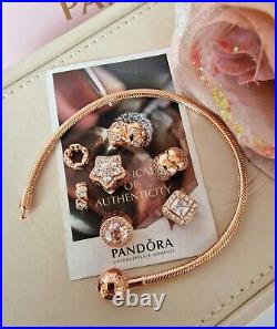 Genuine Pandora 14k Rose Gold Snake Chain Bracelet 18cm +7 Charms Ale R Met