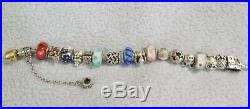 Genuine Pandora. 925 Silver Bracelet With SOLID 14k Gold Clasp & 18 Charms 19cm