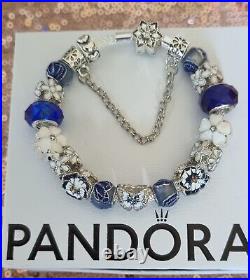Genuine Pandora Bangle Bracelet + Star clasp & Blue & white Charms 18 cms + Box