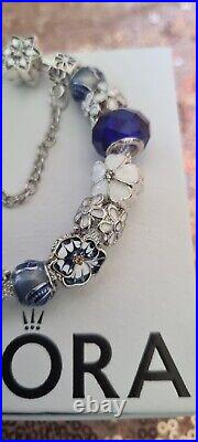 Genuine Pandora Bangle Bracelet + Star clasp & Blue & white Charms 18 cms + Box