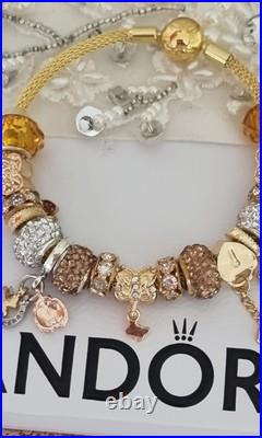 Genuine Pandora Bracelet Bangle Gold Signature Clasp+ Gold Charms 19 cm + Box Genuine Pandora Bracelet Bangle Gold Signature Clasp+ Gold Charms 19 cm + Box