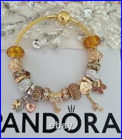 Genuine Pandora Bracelet Bangle Gold Signature Clasp+ Gold Charms 19 cm + Box Genuine Pandora Bracelet Bangle Gold Signature Clasp+ Gold Charms 19 cm + Box