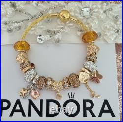 Genuine Pandora Bracelet Bangle Gold Signature Clasp+ Gold Charms 19 cm + Box Genuine Pandora Bracelet Bangle Gold Signature Clasp+ Gold Charms 19 cm + Box