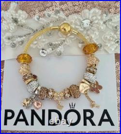 Genuine Pandora Bracelet Bangle Gold Signature Clasp+ Gold Charms 19 cm + Box Genuine Pandora Bracelet Bangle Gold Signature Clasp+ Gold Charms 19 cm + Box
