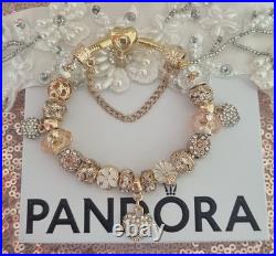 Genuine Pandora Bracelet Gold Pave Heart Clasp+ Gold Charms 20 cm + Pandora Box