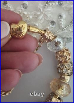 Genuine Pandora Bracelet Gold Pave Heart Clasp+ Gold Charms 20 cm + Pandora Box