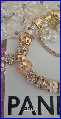Genuine Pandora Bracelet Gold Pave Heart Clasp+ Gold Charms 20 cm + Pandora Box