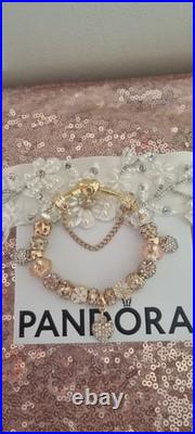 Genuine Pandora Bracelet Gold Pave Heart Clasp+ Gold Charms 20 cm + Pandora Box