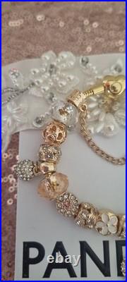 Genuine Pandora Bracelet Gold Pave Heart Clasp+ Gold Charms 20 cm + Pandora Box