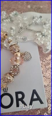 Genuine Pandora Bracelet Gold Pave Heart Clasp+ Gold Charms 20 cm + Pandora Box
