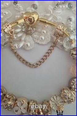 Genuine Pandora Bracelet Gold Pave Heart Clasp+ Gold Charms 20 cm + Pandora Box