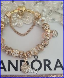 Genuine Pandora Bracelet Gold Pave Heart Clasp+ Gold Charms 20 cm + Pandora Box