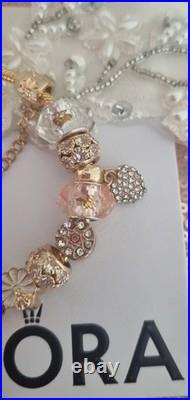 Genuine Pandora Bracelet Gold Pave Heart Clasp+ Gold Charms 20 cm + Pandora Box