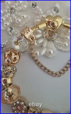 Genuine Pandora Bracelet Gold Pave Heart Clasp+ Gold Charms 20 cm + Pandora Box